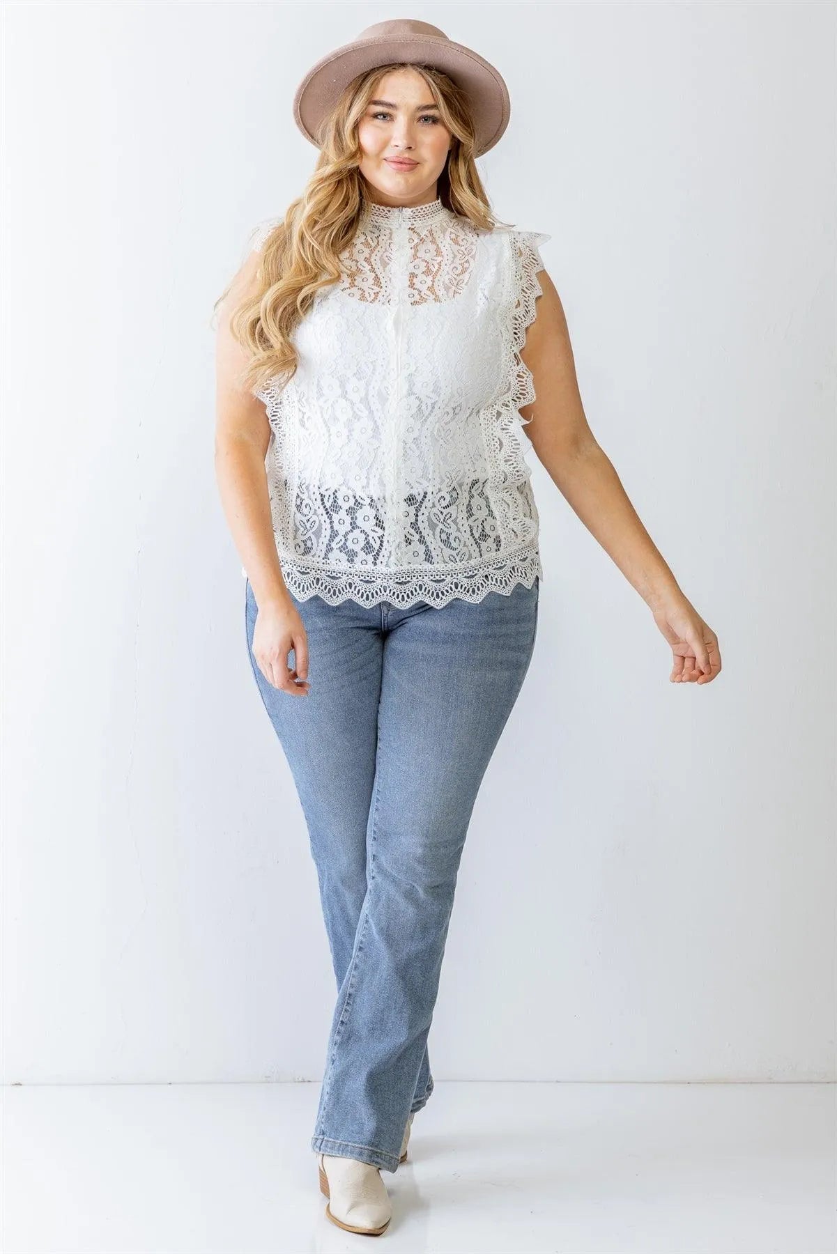 Junior Plus White Cotton Floral Lace Embroidery Detail Top /1-1-1 - Tasha Apparel Wholesale