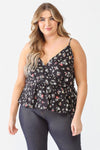 Junior Plus Black Floral Sleeveless Wrap Neck Flare Hem Top /1-1-1 - Tasha Apparel Wholesale