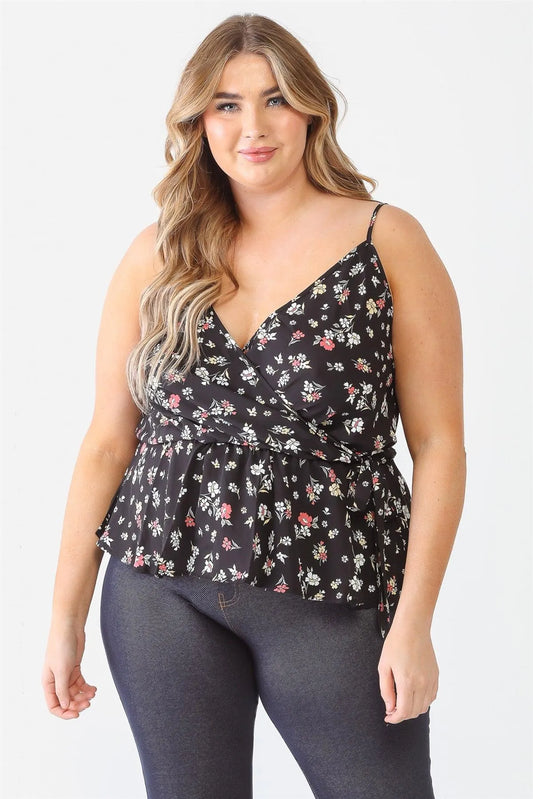 Junior Plus Black Floral Sleeveless Wrap Neck Flare Hem Top /1-1-1 - Tasha Apparel Wholesale