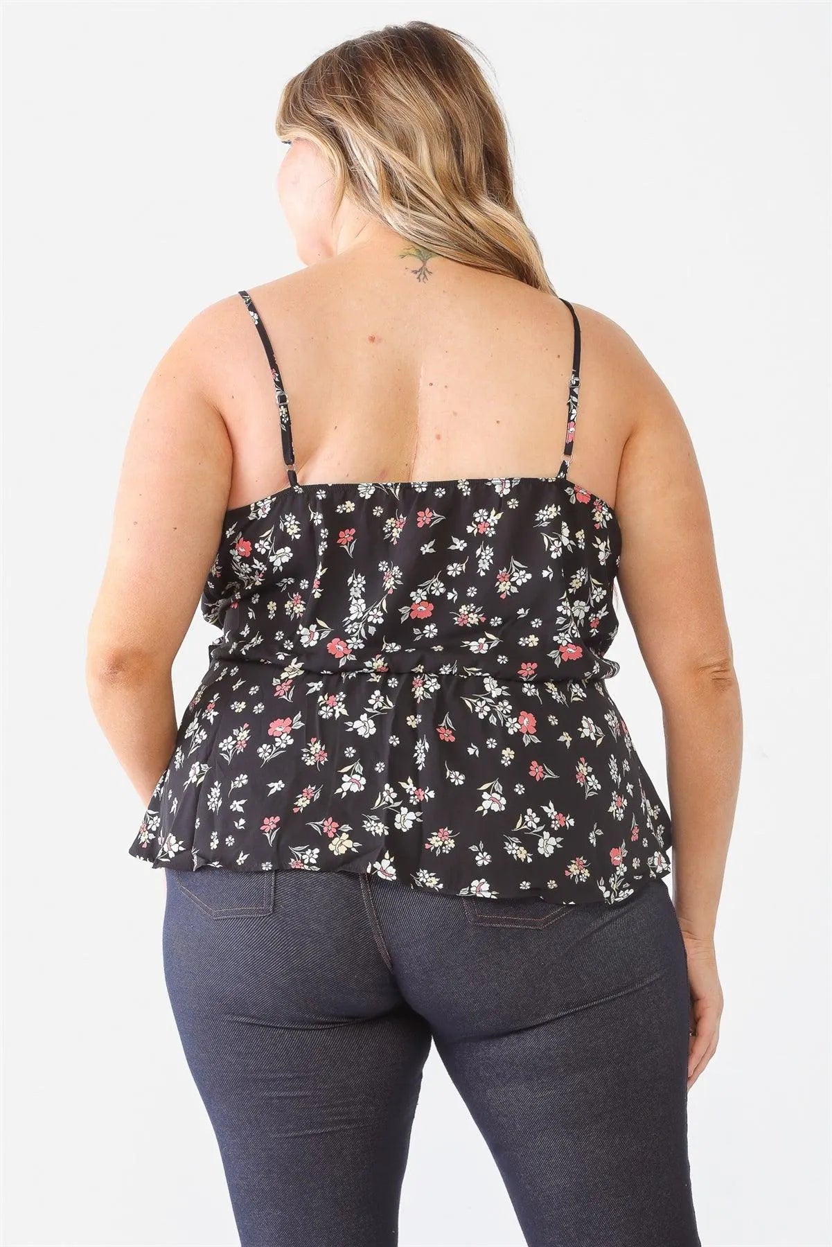 Junior Plus Black Floral Sleeveless Wrap Neck Flare Hem Top /1-1-1 - Tasha Apparel Wholesale
