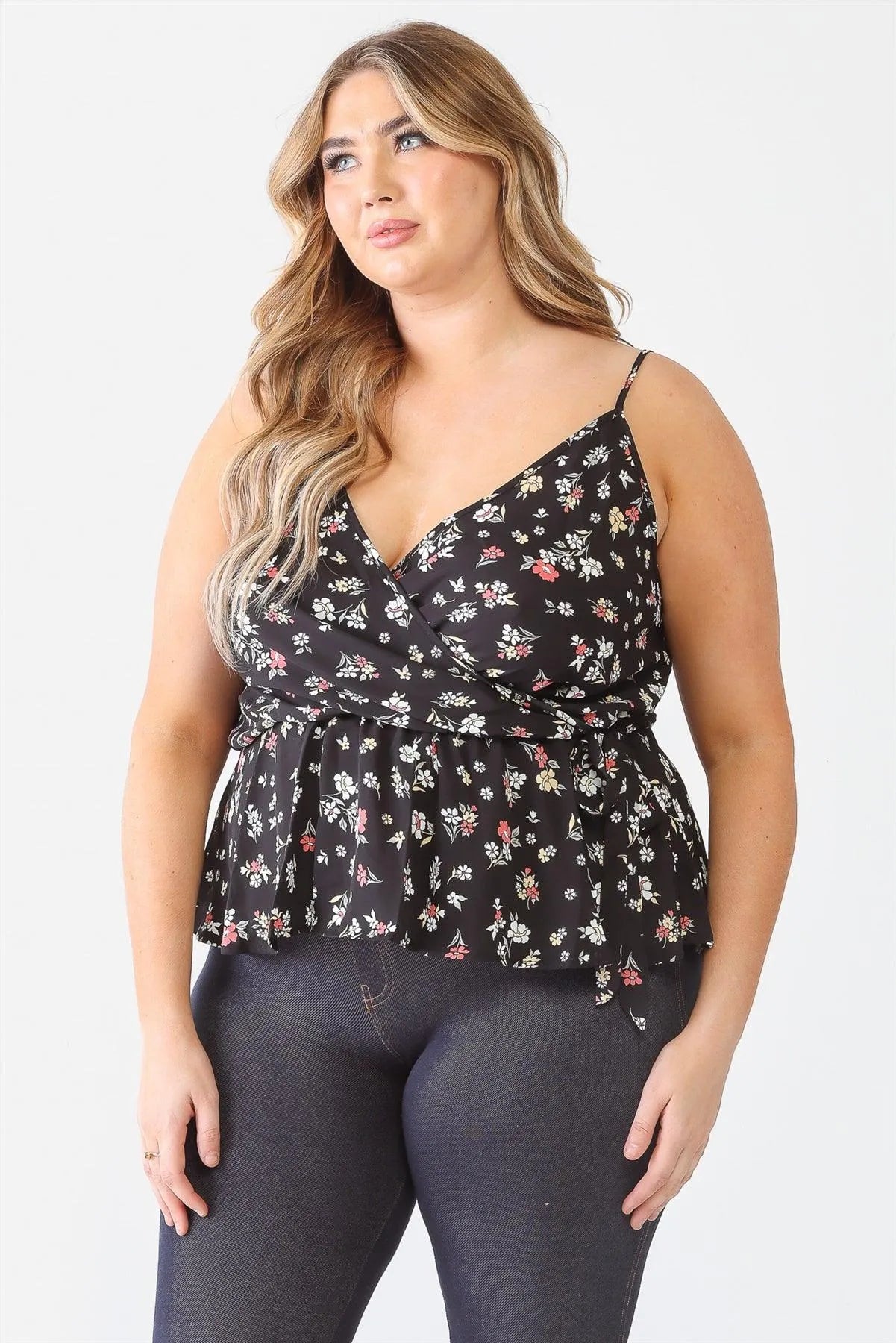 Junior Plus Black Floral Sleeveless Wrap Neck Flare Hem Top /1-1-1 - Tasha Apparel Wholesale
