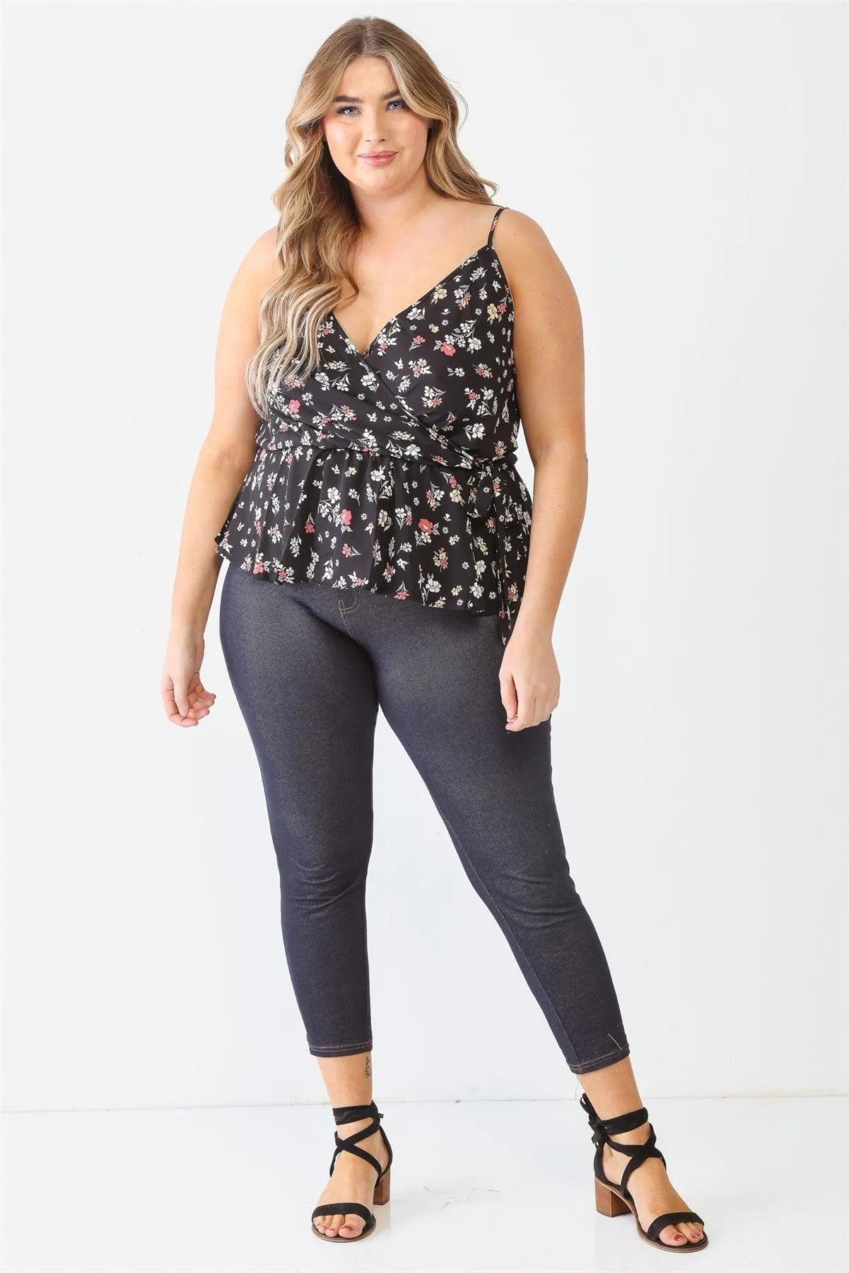 Junior Plus Black Floral Sleeveless Wrap Neck Flare Hem Top /1-1-1 - Tasha Apparel Wholesale