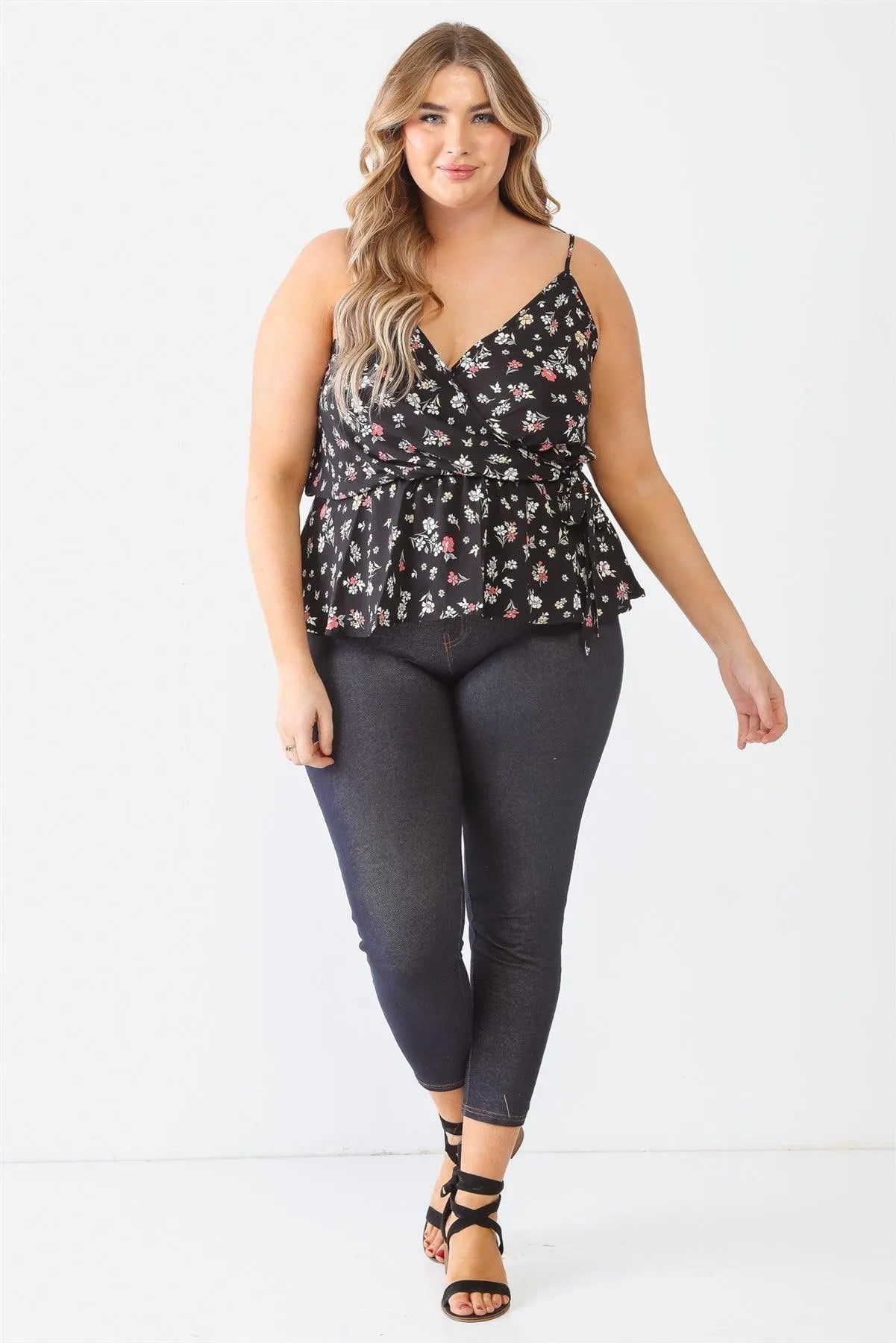 Junior Plus Black Floral Sleeveless Wrap Neck Flare Hem Top /1-1-1 - Tasha Apparel Wholesale
