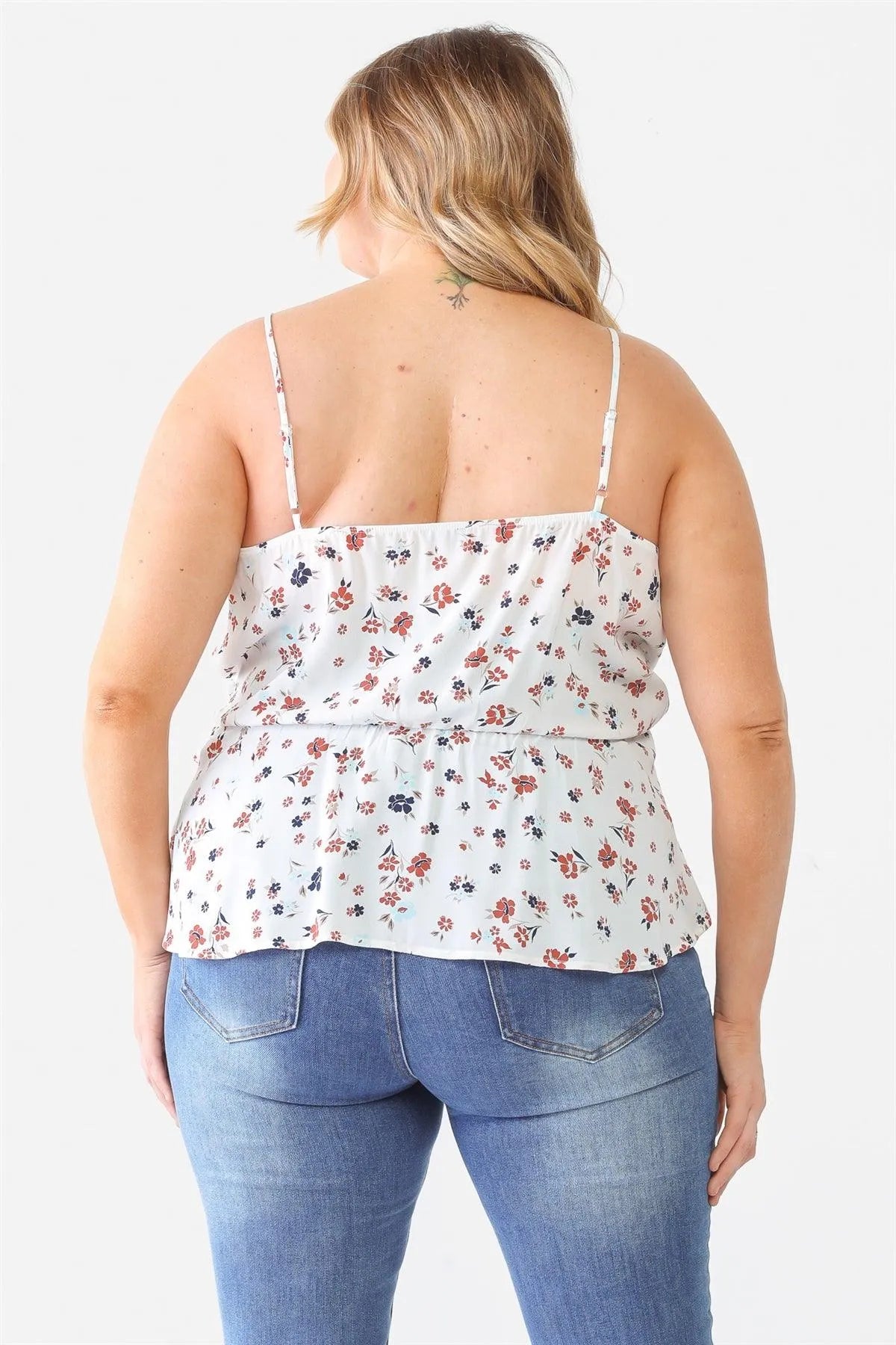 Junior Plus Off-White Floral Sleeveless Wrap Neck Flare Hem Top /1-1-1 - Tasha Apparel Wholesale