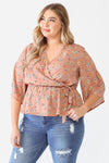Junior Plus Mauve Floral Print Wrap Neck Self-Tie Flare Hem Top /2-1-1 - Tasha Apparel Wholesale