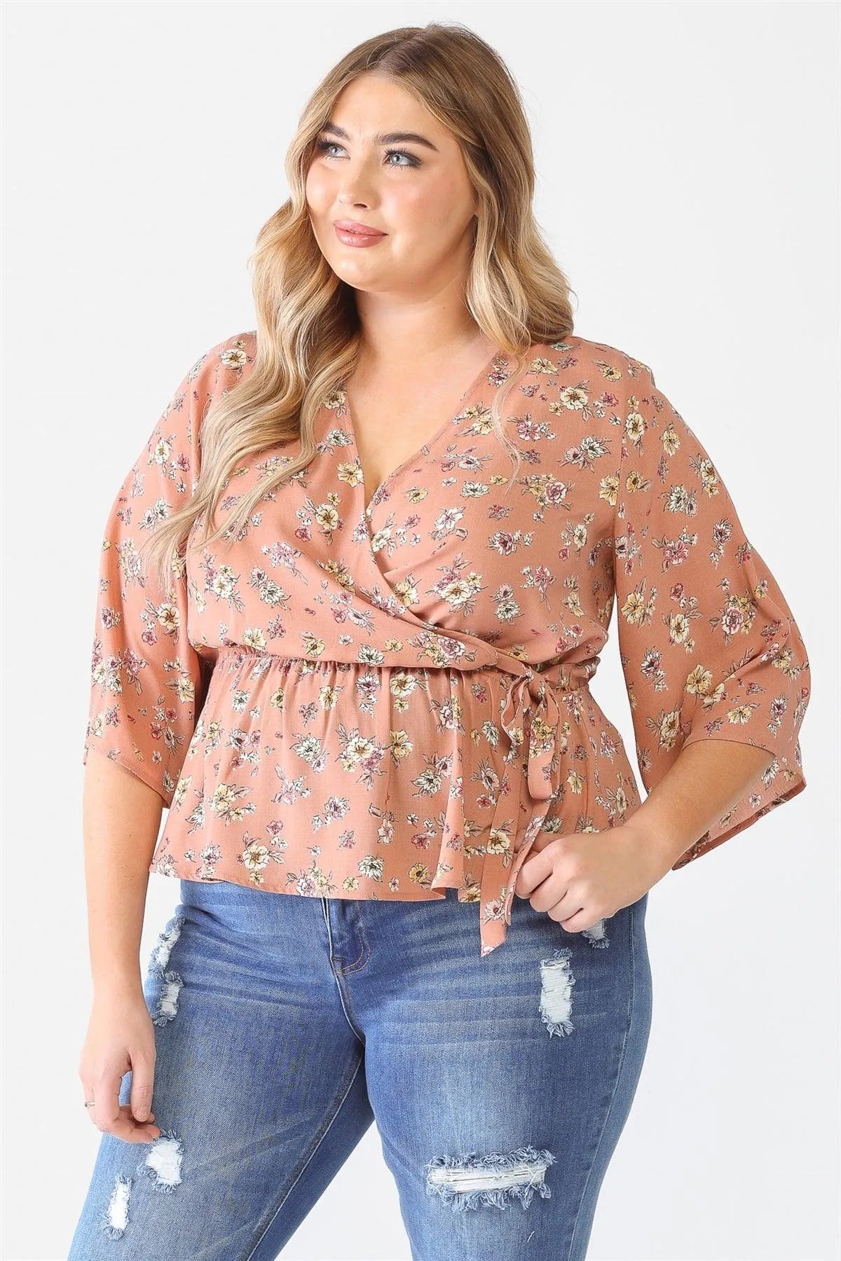 Junior Plus Mauve Floral Print Wrap Neck Self-Tie Flare Hem Top /2-1-1 - Tasha Apparel Wholesale