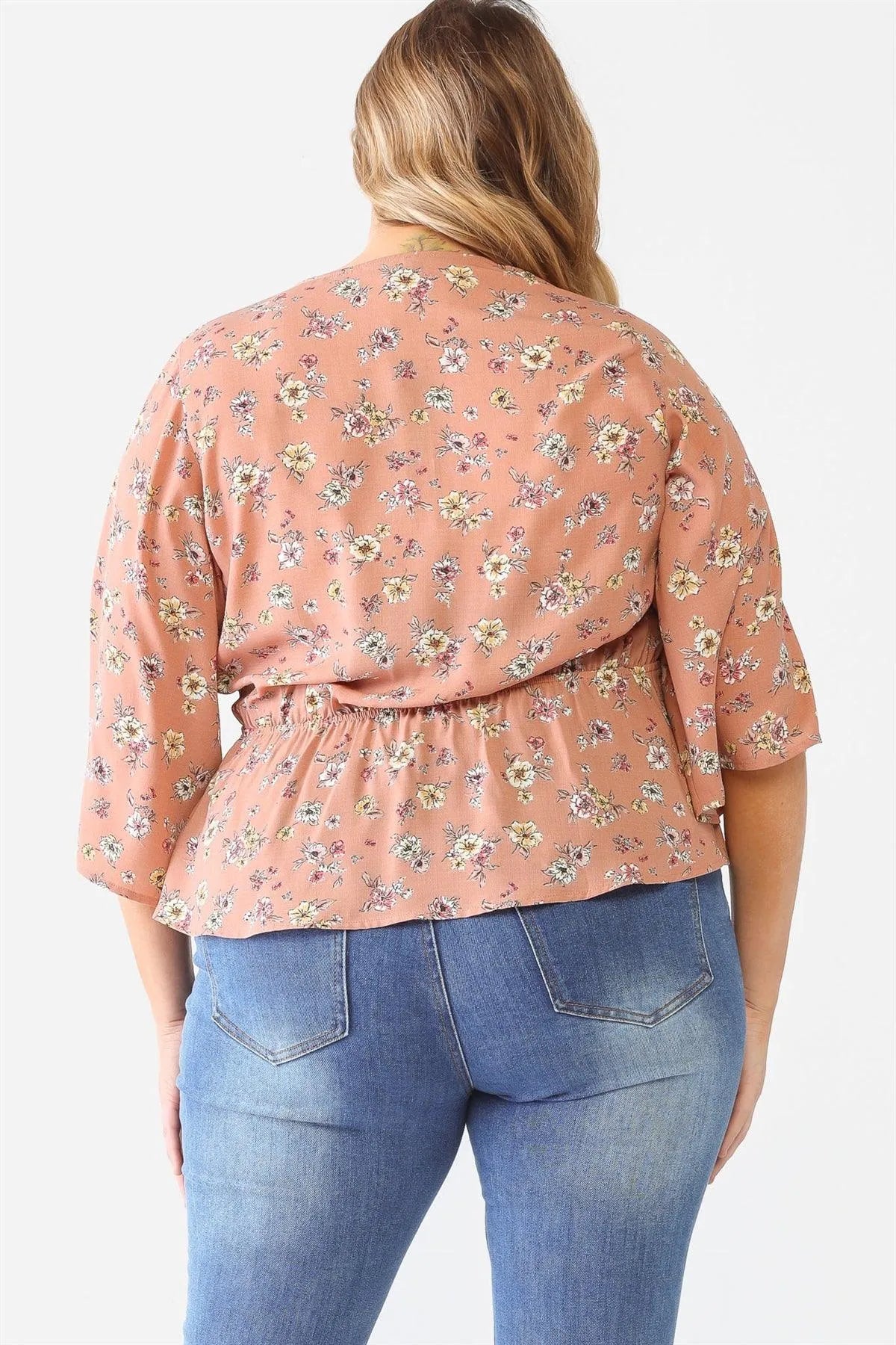 Junior Plus Mauve Floral Print Wrap Neck Self-Tie Flare Hem Top /2-1-1 - Tasha Apparel Wholesale