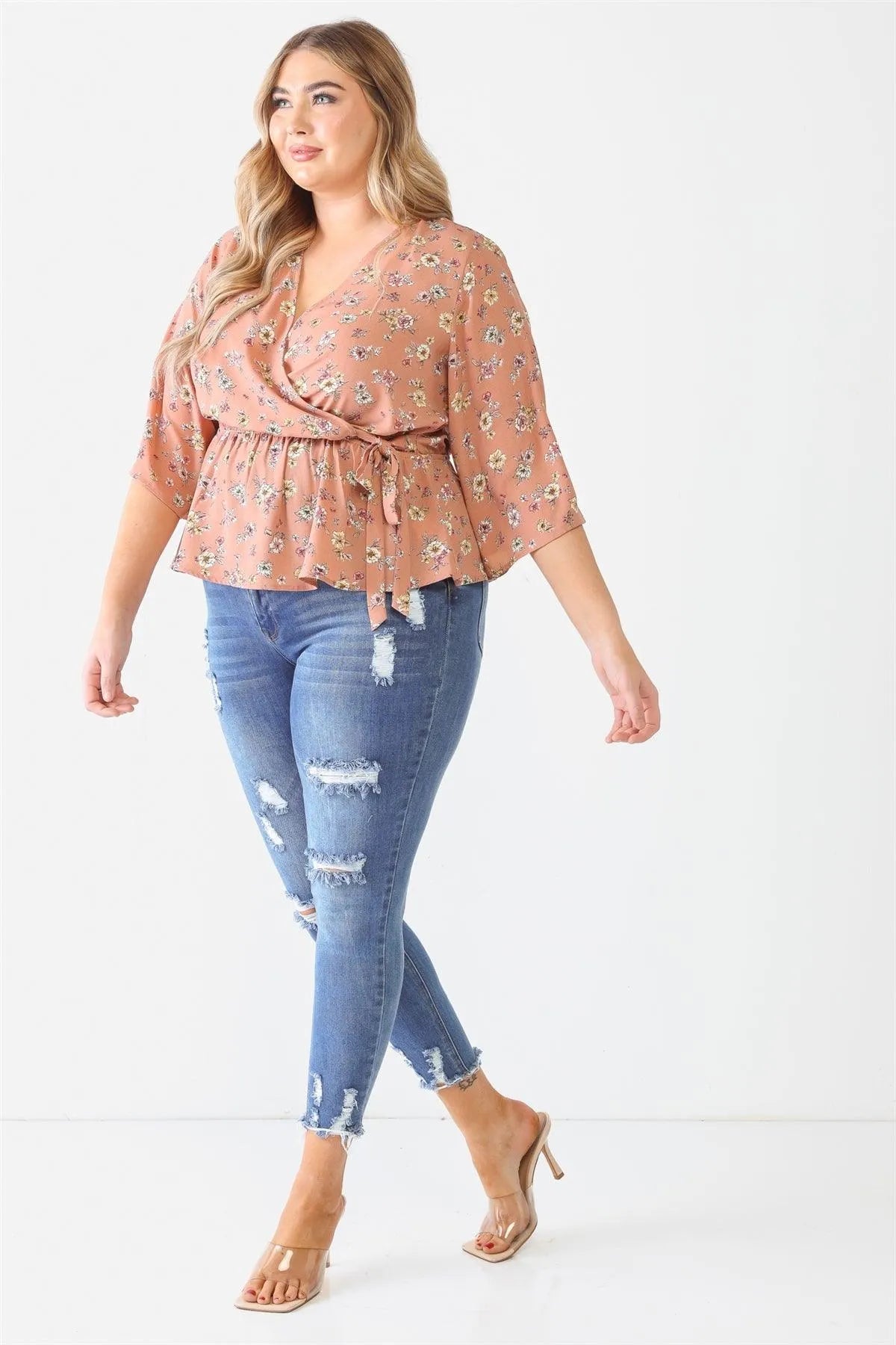 Junior Plus Mauve Floral Print Wrap Neck Self-Tie Flare Hem Top /2-1-1 - Tasha Apparel Wholesale
