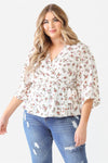 Junior Plus Off-White Floral Print Wrap Neck Self-Tie Flare Hem Top /1-1-1 - Tasha Apparel Wholesale