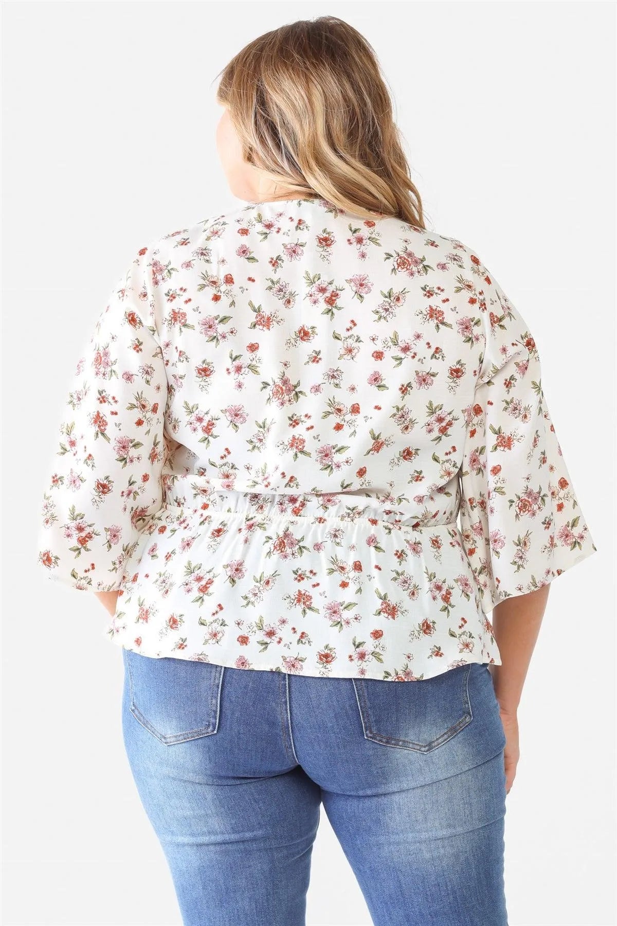 Junior Plus Off-White Floral Print Wrap Neck Self-Tie Flare Hem Top /1-1-1 - Tasha Apparel Wholesale