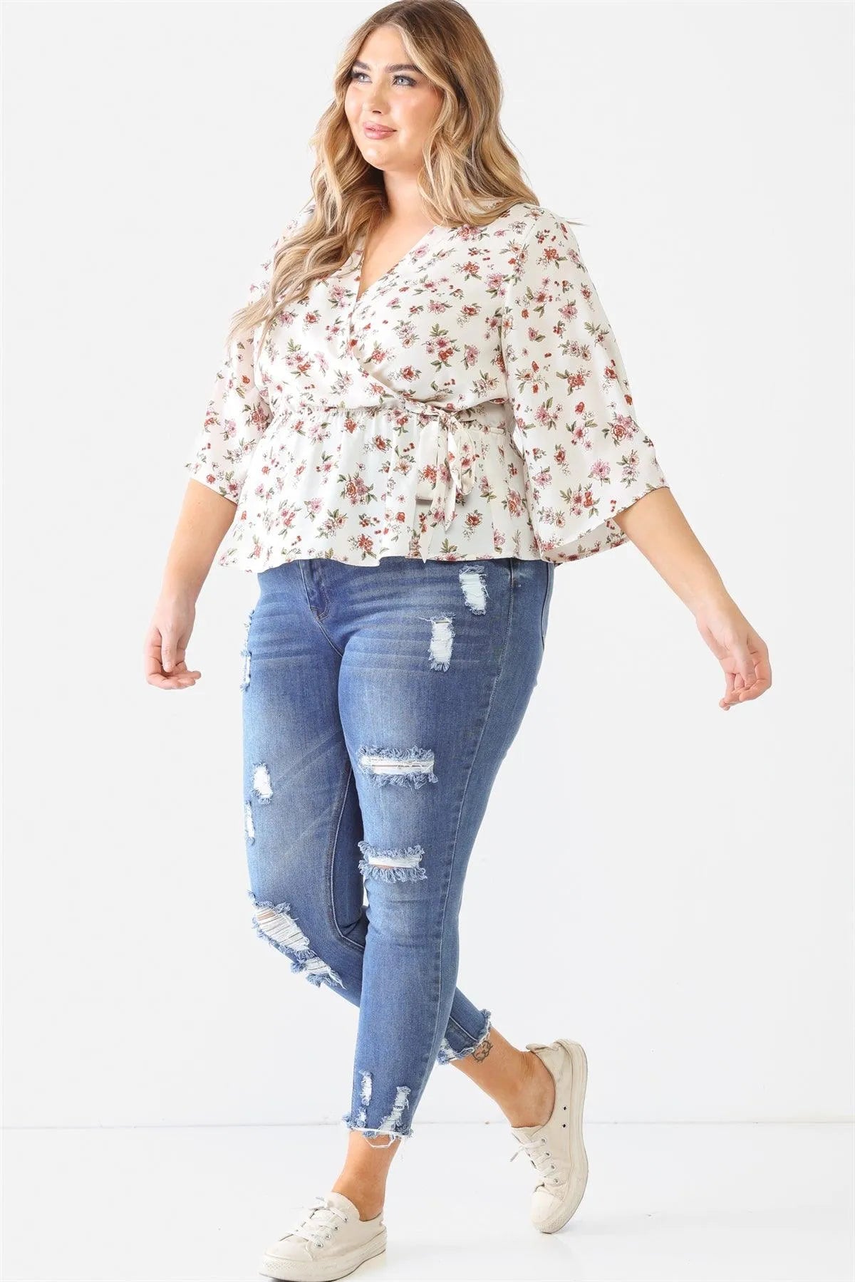 Junior Plus Off-White Floral Print Wrap Neck Self-Tie Flare Hem Top /1-1-1 - Tasha Apparel Wholesale