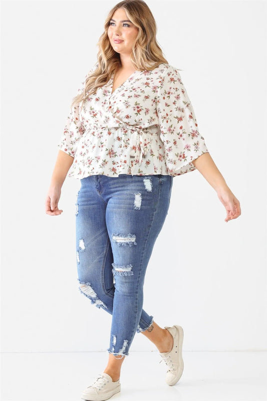 Junior Plus Off-White Floral Print Wrap Neck Self-Tie Flare Hem Top /2-1-1 - Tasha Apparel Wholesale