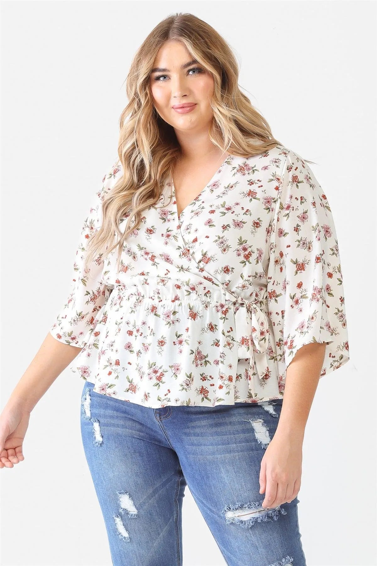 Junior Plus Off-White Floral Print Wrap Neck Self-Tie Flare Hem Top /2-1-1 - Tasha Apparel Wholesale