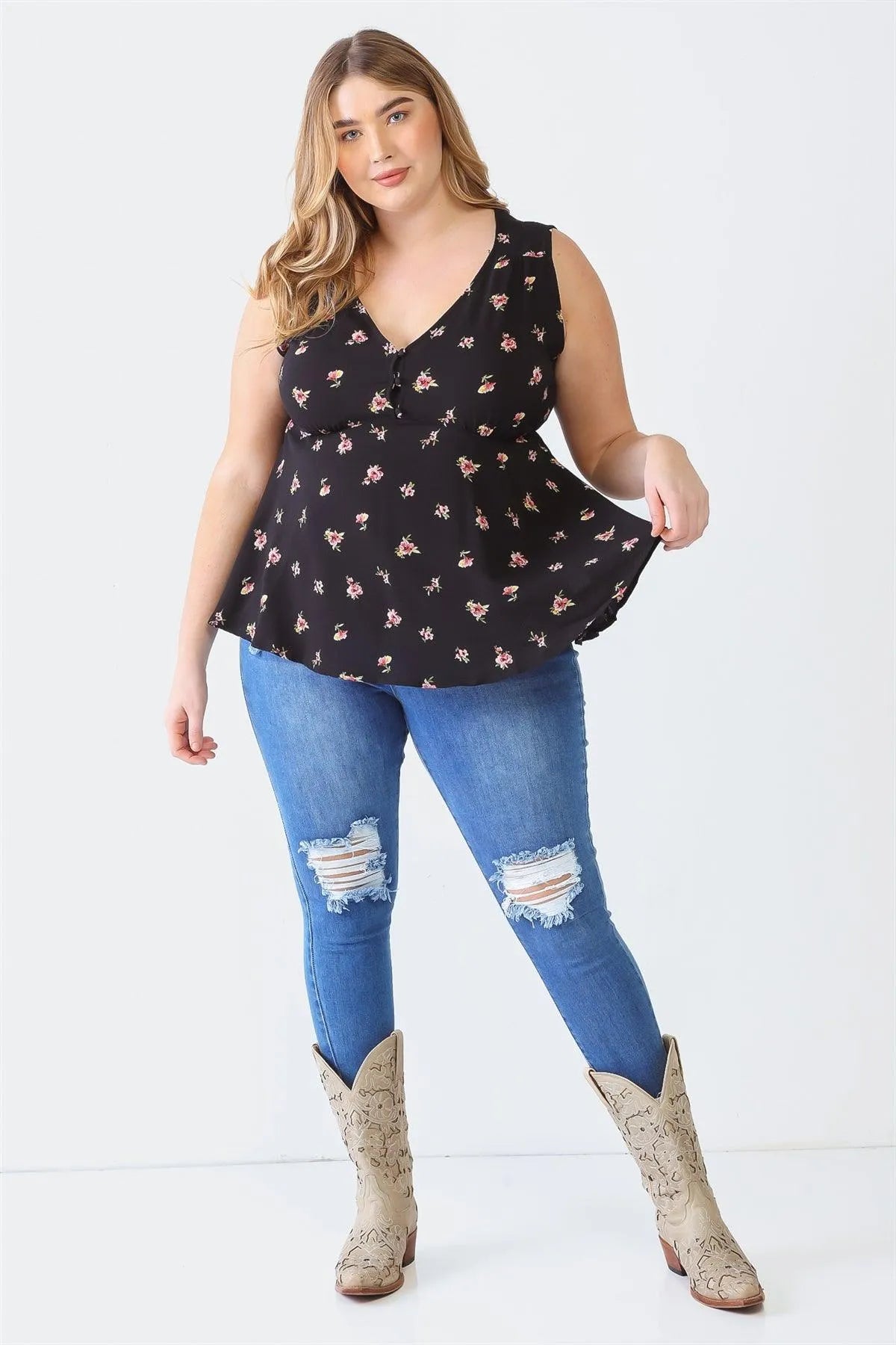Plus Size Black Floral Sleeveless Button-Up Back-Tie Top - Tasha Apparel Wholesale