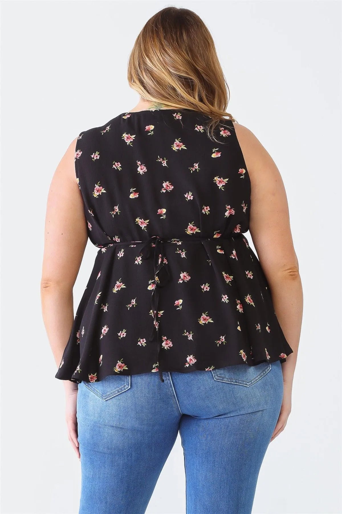 Plus Size Black Floral Sleeveless Button-Up Back-Tie Top - Tasha Apparel Wholesale