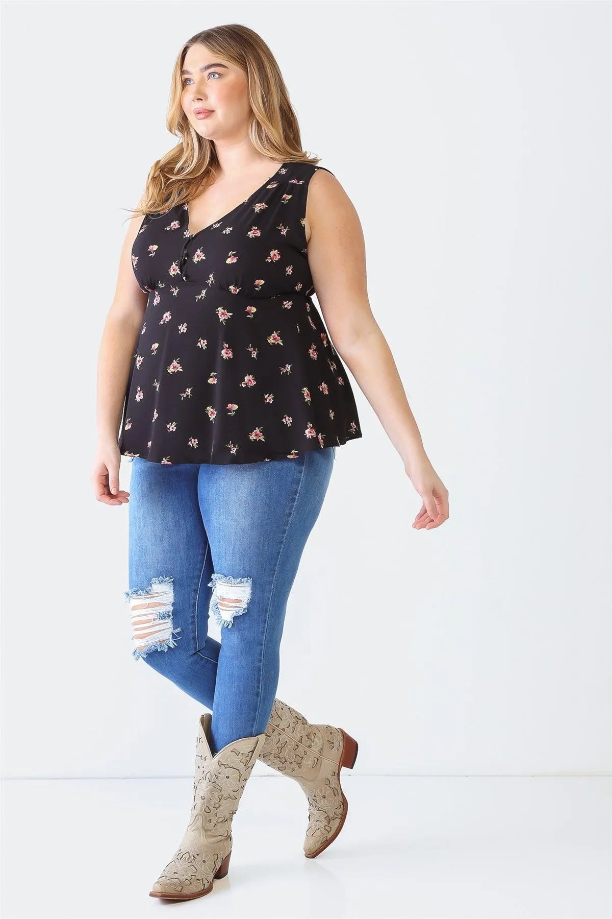 Plus Size Black Floral Sleeveless Button-Up Back-Tie Top - Tasha Apparel Wholesale