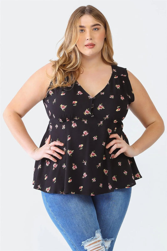 Junior Plus Black Floral Print Sleeveless V-Neck Button-Up Self-Tie Strap Flare Hem Top /2-1-1 - Tasha Apparel Wholesale