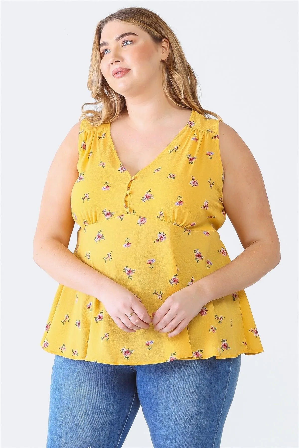 Plus Size Yellow Floral Sleeveless Button-Up Back-Tie Top - Tasha Apparel Wholesale