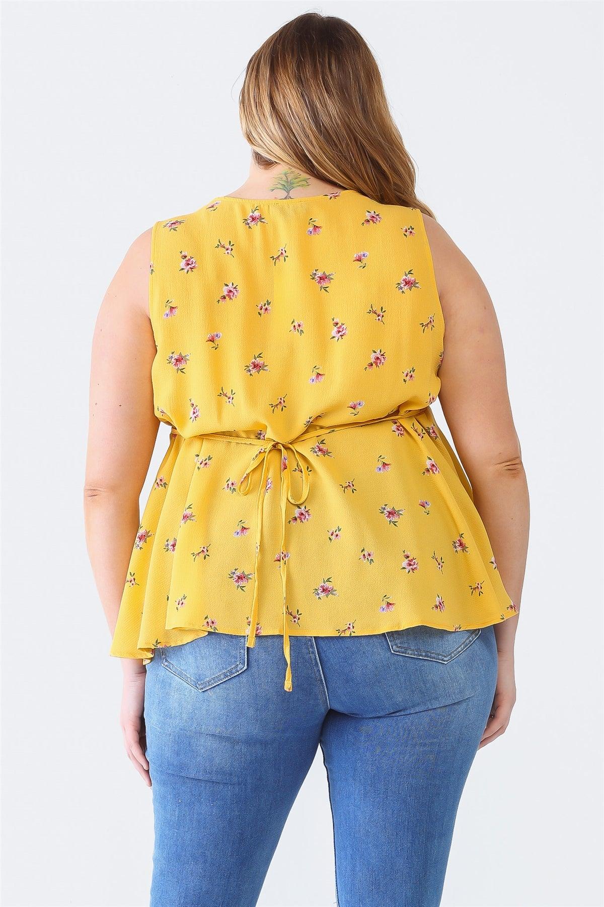 Junior Plus Yellow Floral Print Sleeveless V-Neck Button-Up Self-Tie Strap Flare Hem Top /1-1-1