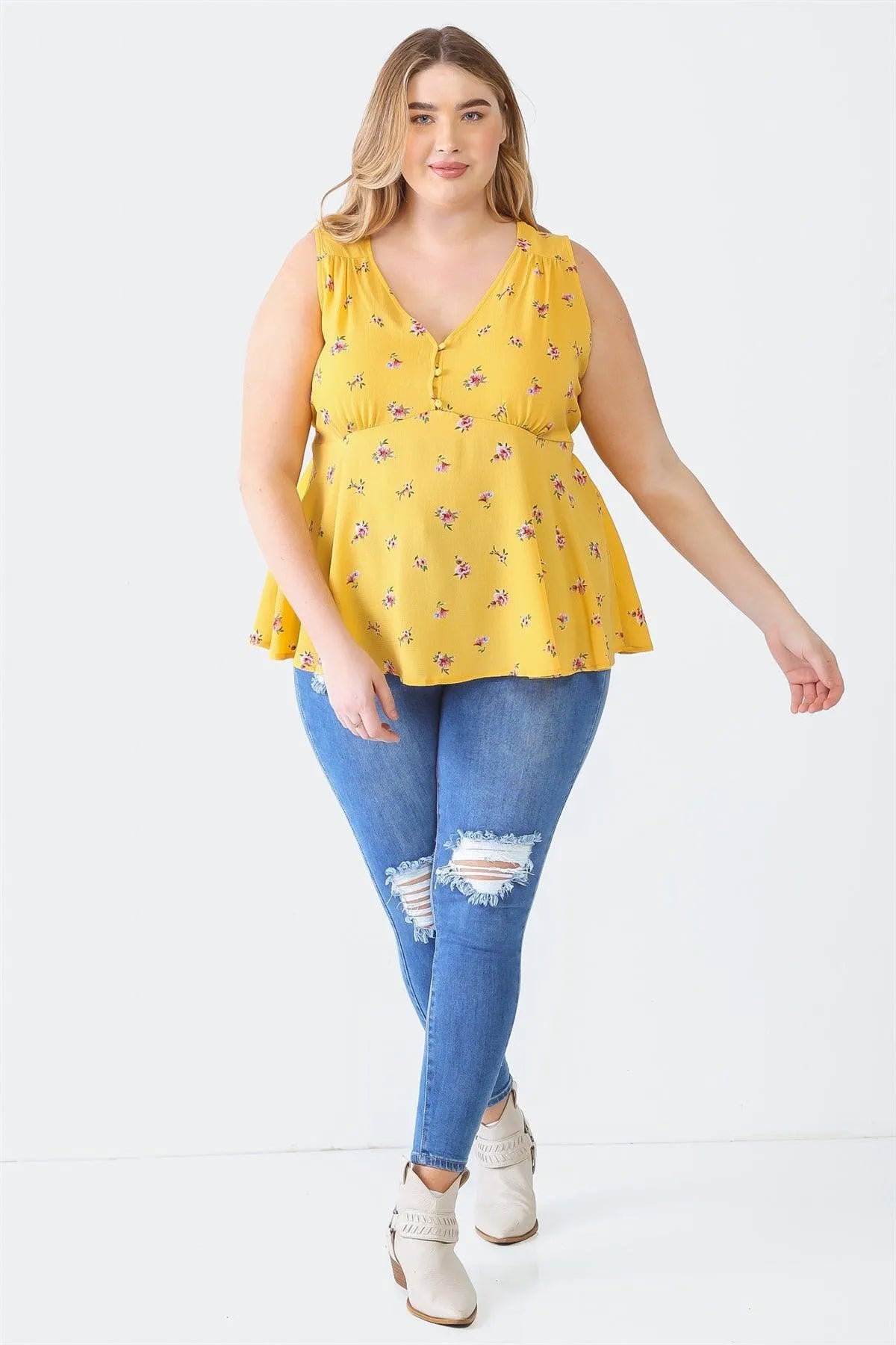 Plus Size Yellow Floral Sleeveless Button-Up Back-Tie Top - Tasha Apparel Wholesale