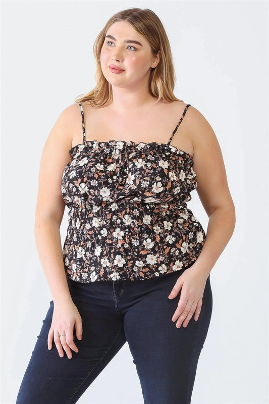 Plus Size Blush Floral Print Ruffle Trim Smocked Bodice Cami Top - Tasha Apparel Wholesale