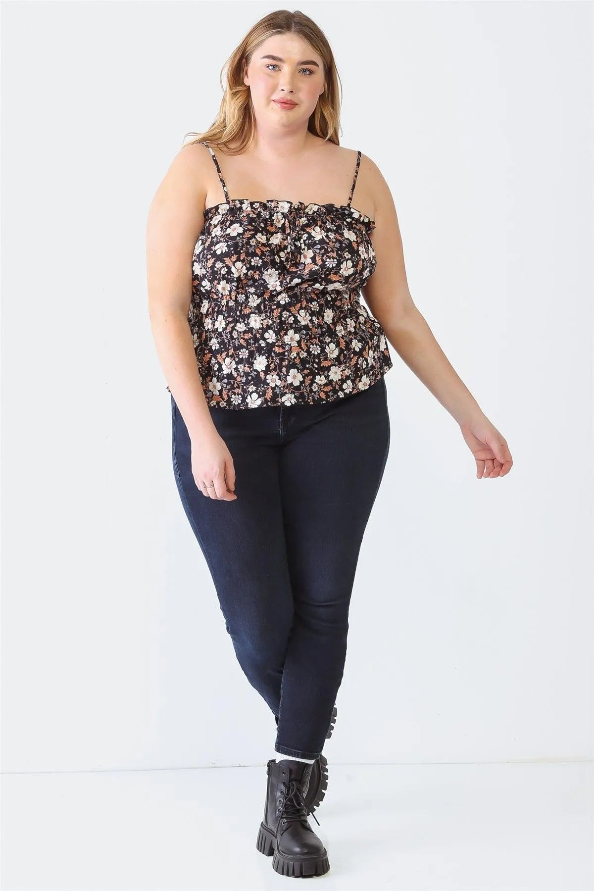 Plus Size Black Floral Ruffle Smocked Strappy Top - Tasha Apparel Wholesale