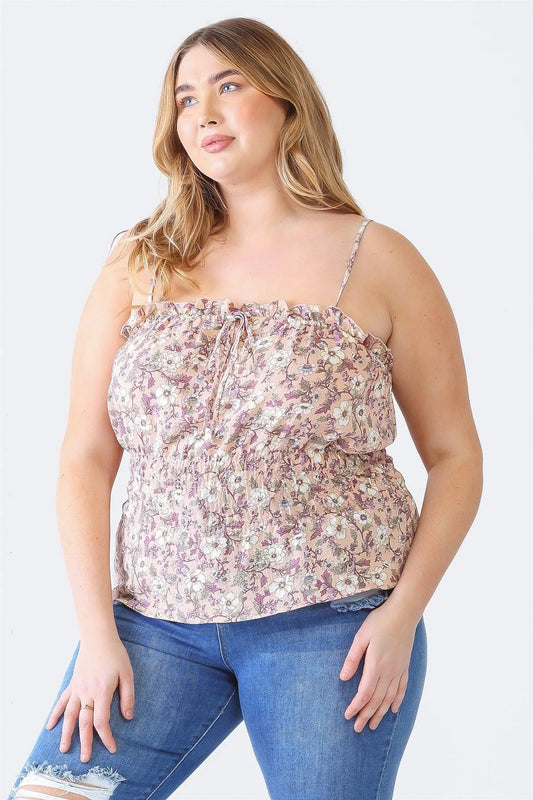 Plus Size Floral Print Crumpled Strappy Smocked Top - Tasha Apparel Wholesale