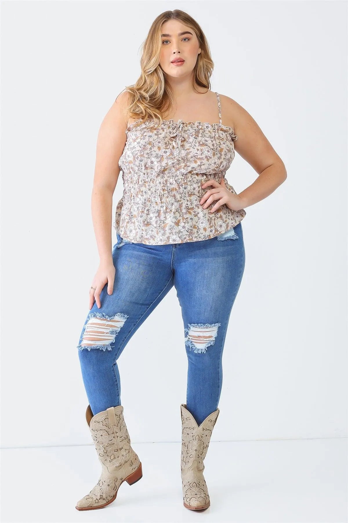 Junior Plus Taupe Floral Print Crumpled Strappy Smocked Top - Tasha Apparel Wholesale