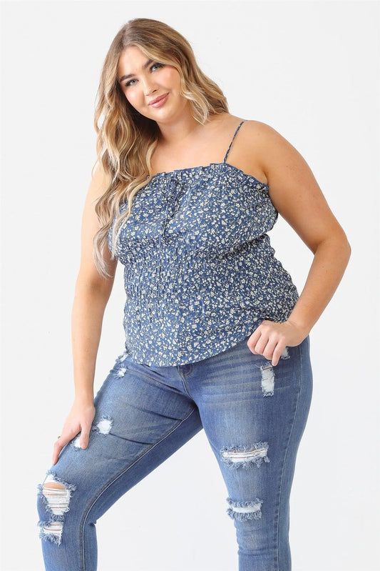 Plus Size Blue Floral Ruffle Smocked Strappy Top - Tasha Apparel Wholesale