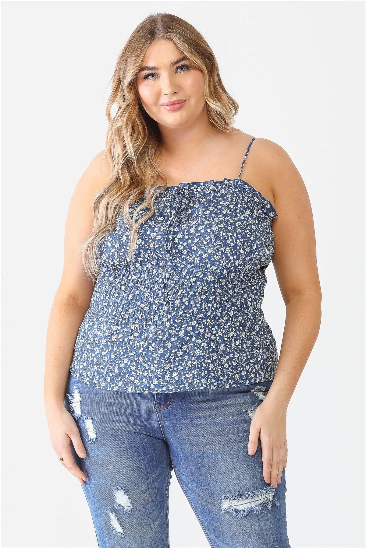 Junior Plus Blue Floral Print Ruffle Smocked Strappy Top /2-1-1 - Tasha Apparel Wholesale
