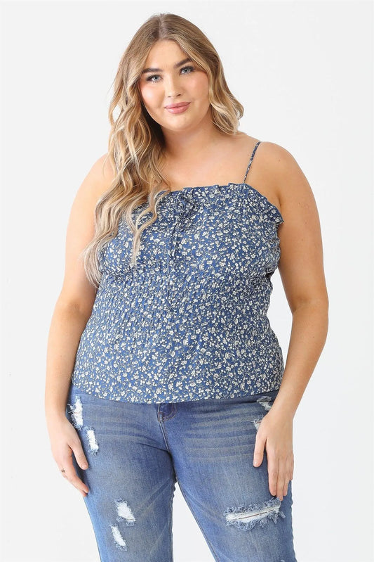 Junior Plus Blue Floral Print Ruffle Smocked Strappy Top /2-1-1 - Tasha Apparel Wholesale