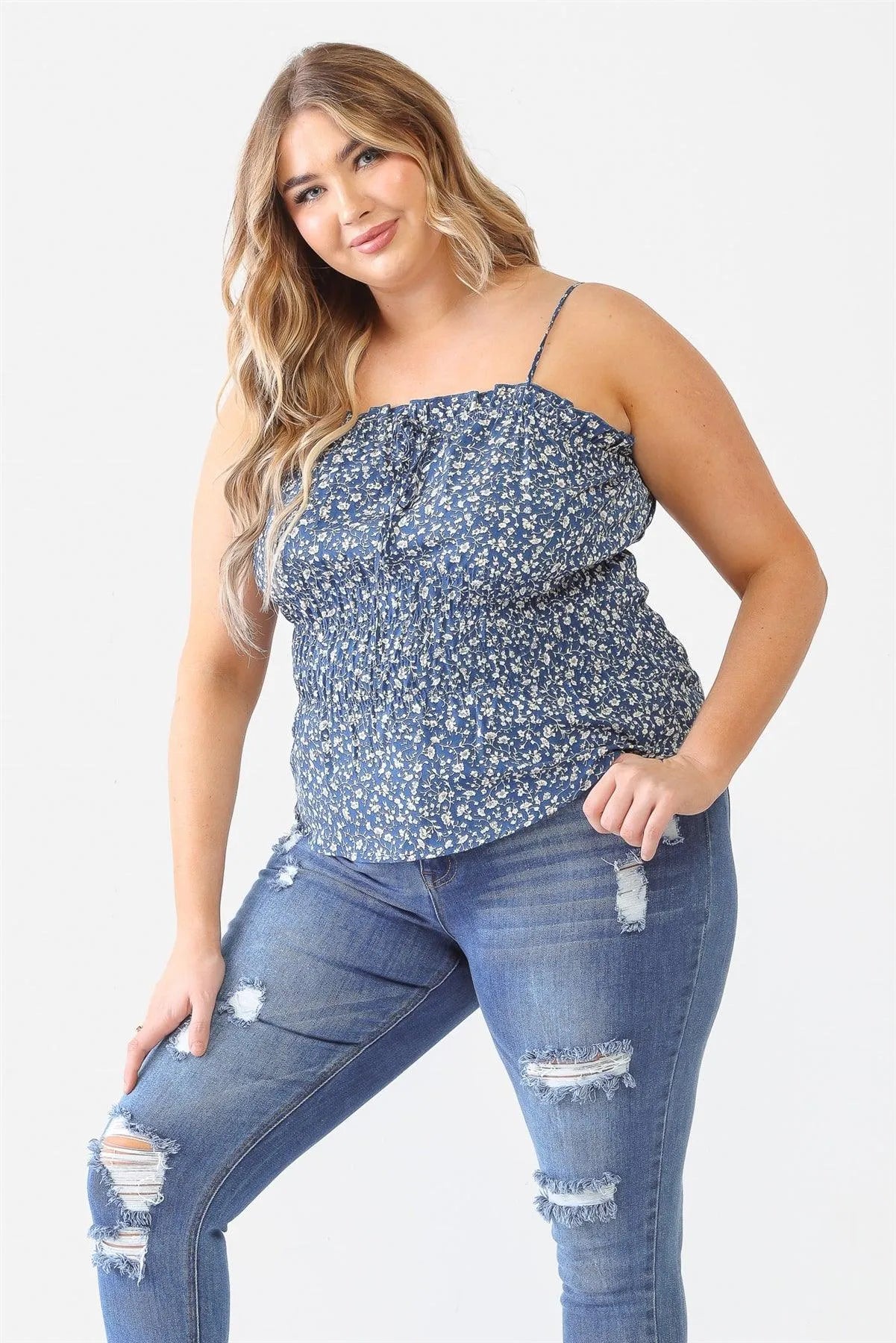 Junior Plus Blue Floral Print Ruffle Smocked Strappy Top /2-1-1 - Tasha Apparel Wholesale