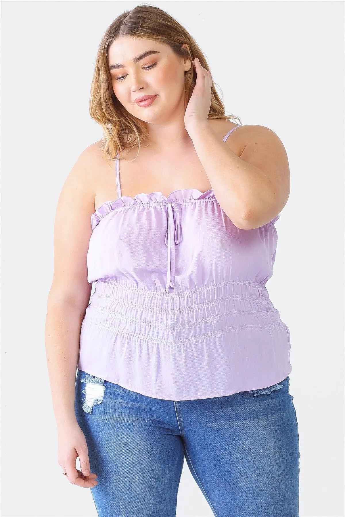 Junior Plus Lavender Sleeveless Strappy Ruffle Smocked Top /1-1-1 - Tasha Apparel Wholesale