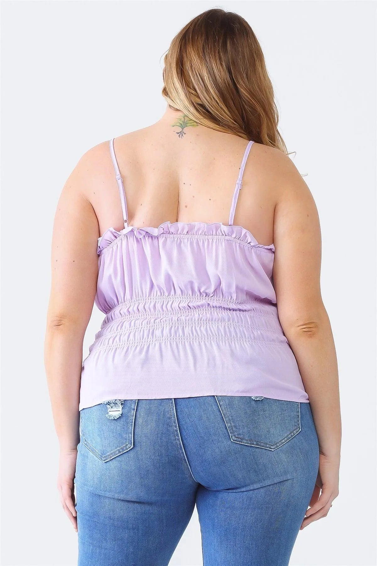 Junior Plus Lavender Sleeveless Strappy Ruffle Smocked Top /1-1-1 - Tasha Apparel Wholesale