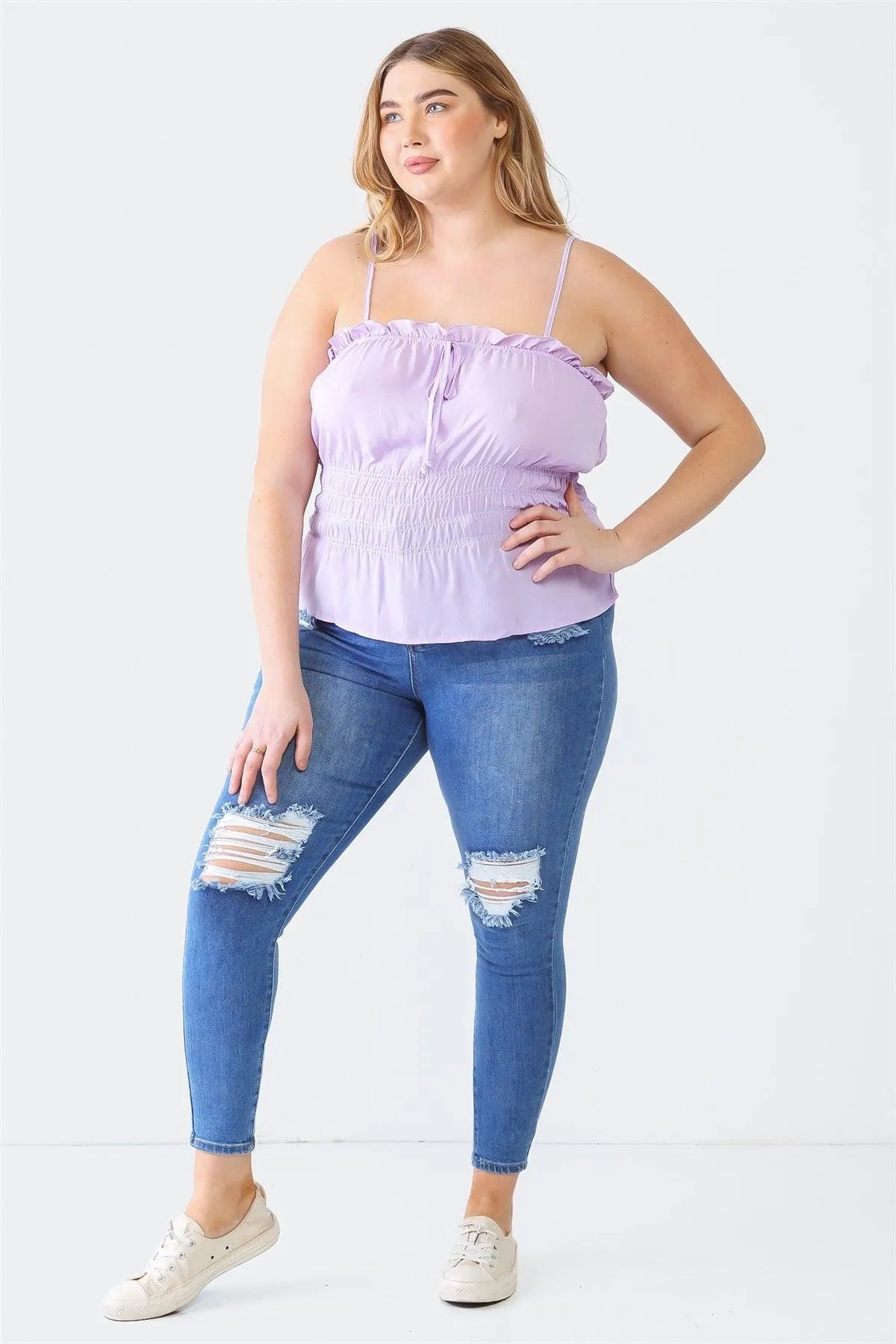 Junior Plus Lavender Sleeveless Strappy Ruffle Smocked Top /1-1-1 - Tasha Apparel Wholesale