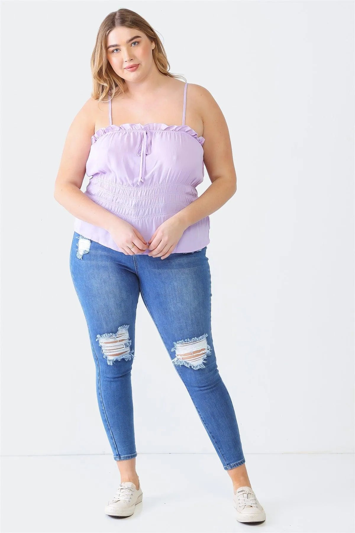 Junior Plus Lavender Sleeveless Strappy Ruffle Smocked Top /1-1-1 - Tasha Apparel Wholesale