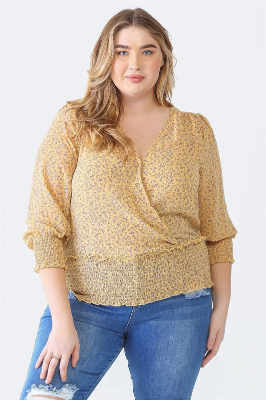 Junior Plus Yellow Floral Print Chiffon Wrap V-Neck Long Sleeve Smocked Top /1-1-1 - Tasha Apparel Wholesale