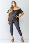 Junior Plus Black Button-Up Off-The-Shoulder Relax Top /1-1-1 - Tasha Apparel Wholesale
