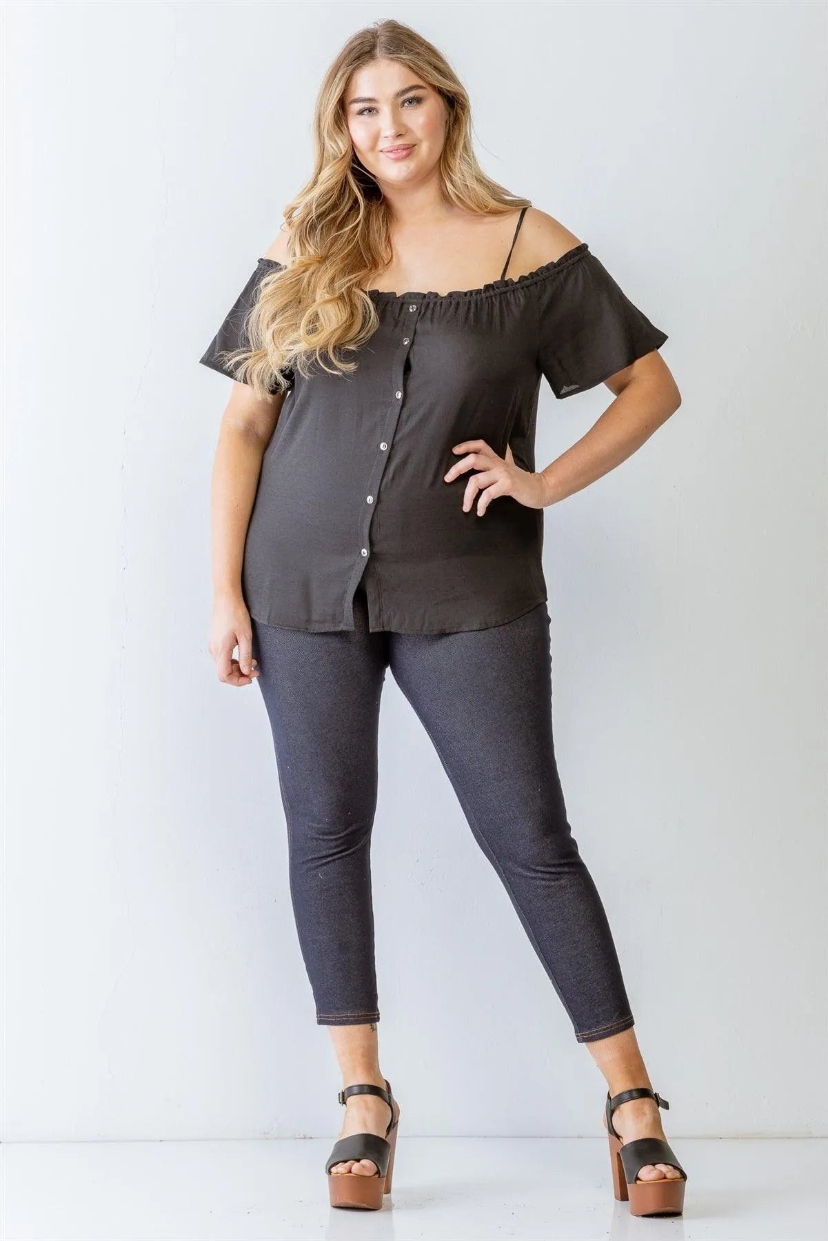 Junior Plus Black Button-Up Off-The-Shoulder Relax Top /1-1-1 - Tasha Apparel Wholesale