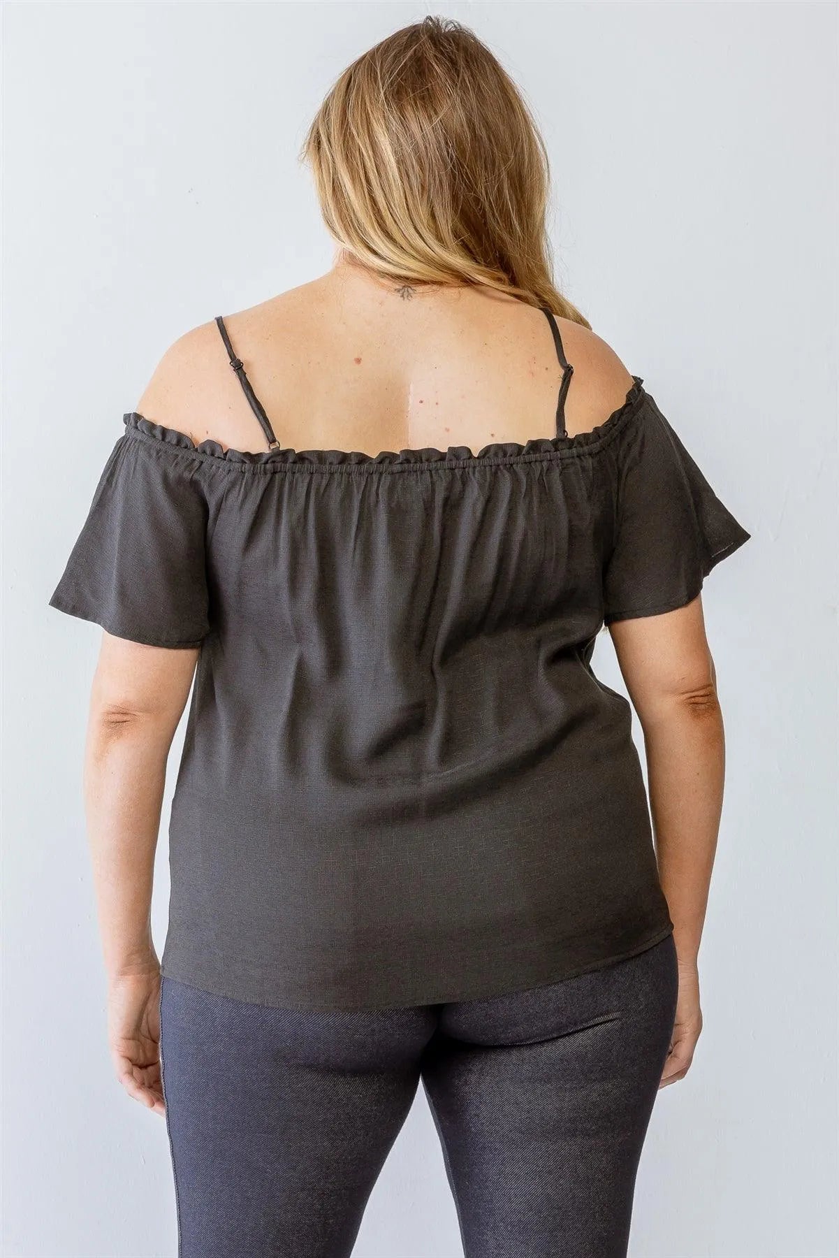 Junior Plus Black Button-Up Off-The-Shoulder Relax Top /1-1-1 - Tasha Apparel Wholesale