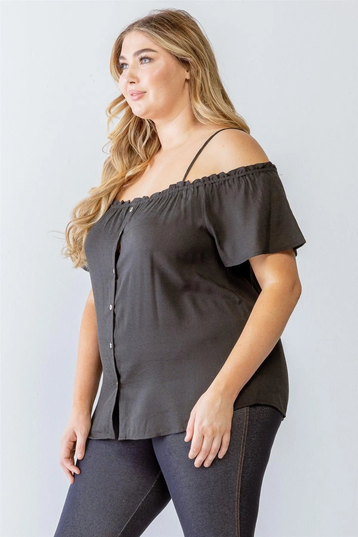 Junior Plus Black Button-Up Off-The-Shoulder Relax Top /1-1-1 - Tasha Apparel Wholesale