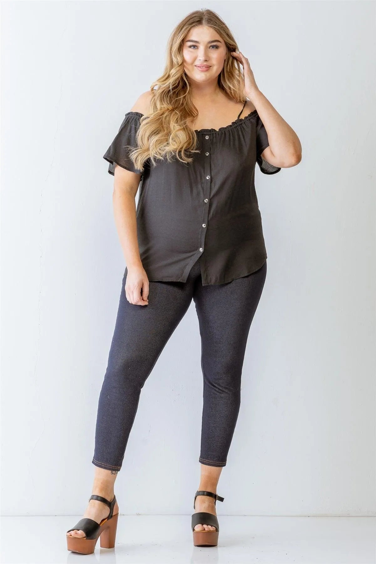 Junior Plus Black Button-Up Off-The-Shoulder Relax Top /1-1-1 - Tasha Apparel Wholesale