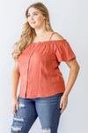 Junior Plus Terracotta Button-Up Off-The-Shoulder Relax Top /1-1-1 - Tasha Apparel Wholesale