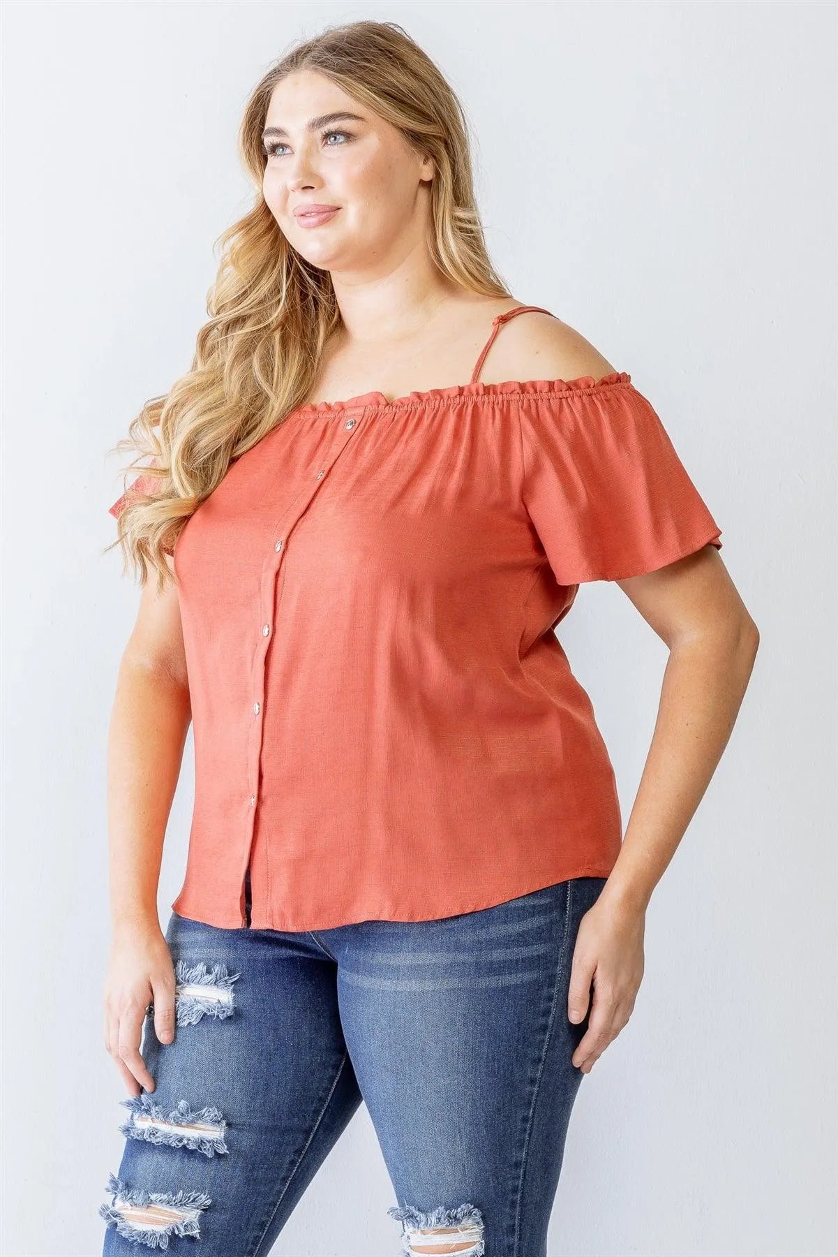 Junior Plus Terracotta Button-Up Off-The-Shoulder Relax Top /1-1-1 - Tasha Apparel Wholesale