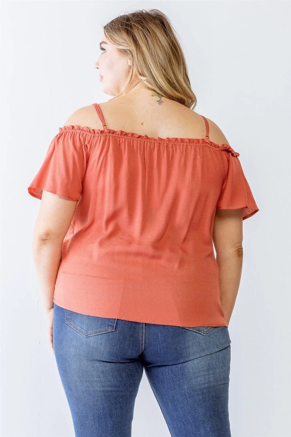 Junior Plus Terracotta Button-Up Off-The-Shoulder Relax Top /1-1-1 - Tasha Apparel Wholesale
