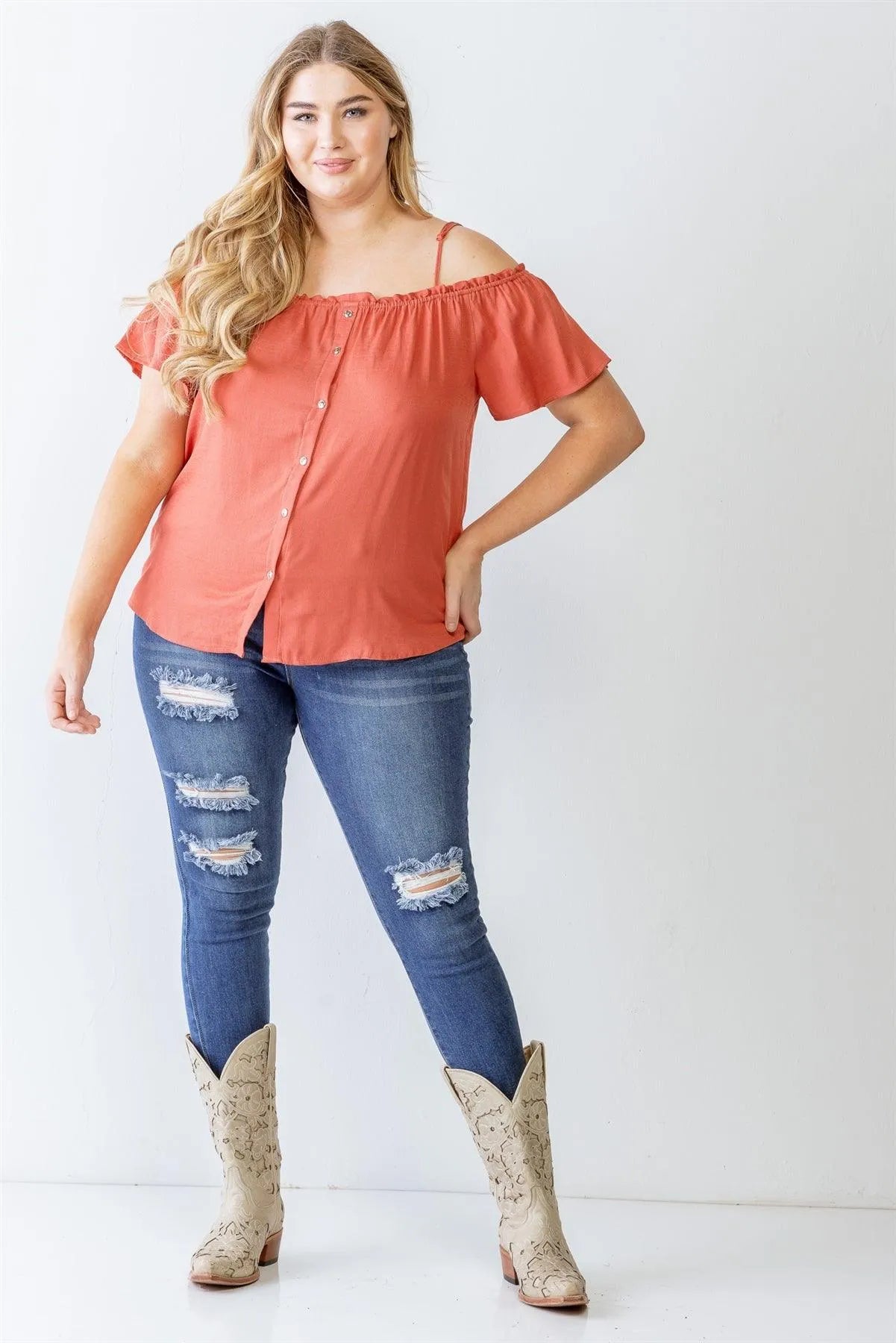 Junior Plus Terracotta Button-Up Off-The-Shoulder Relax Top /1-1-1 - Tasha Apparel Wholesale