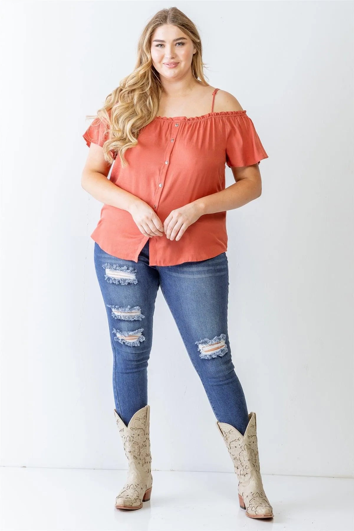 Junior Plus Terracotta Button-Up Off-The-Shoulder Relax Top /1-1-1 - Tasha Apparel Wholesale