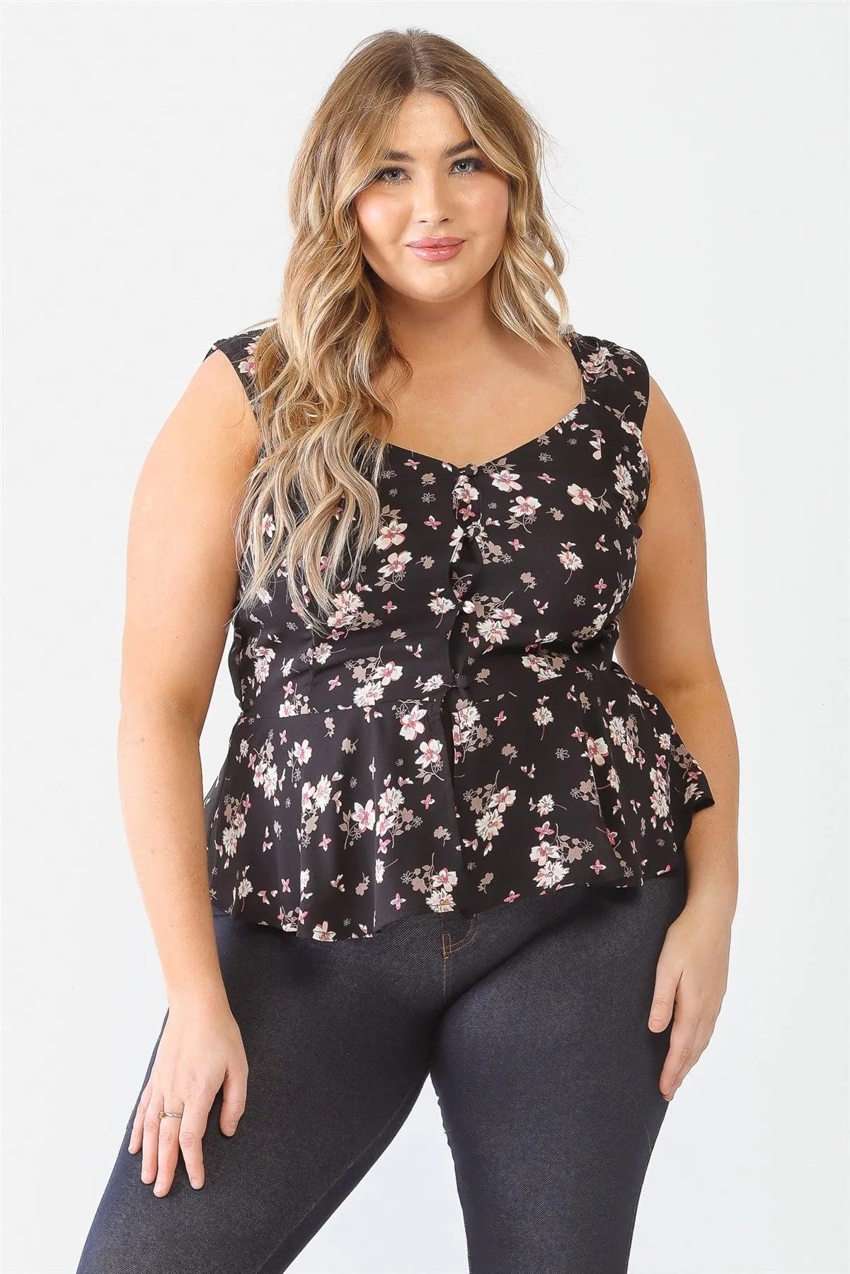 Plus Size Black Floral Button-Up Sleeveless Flare Hem Top - Tasha Apparel Wholesale