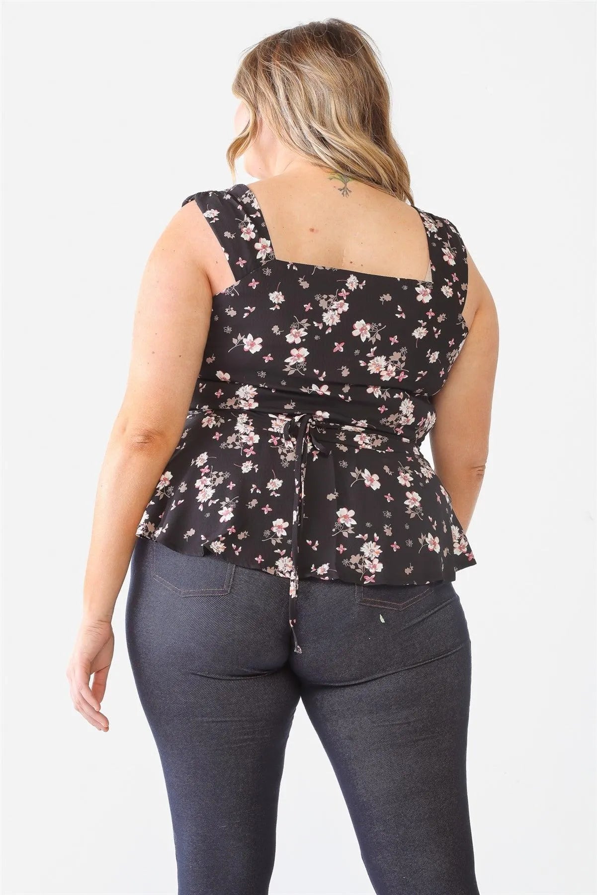 Plus Size Black Floral Button-Up Sleeveless Flare Hem Top - Tasha Apparel Wholesale