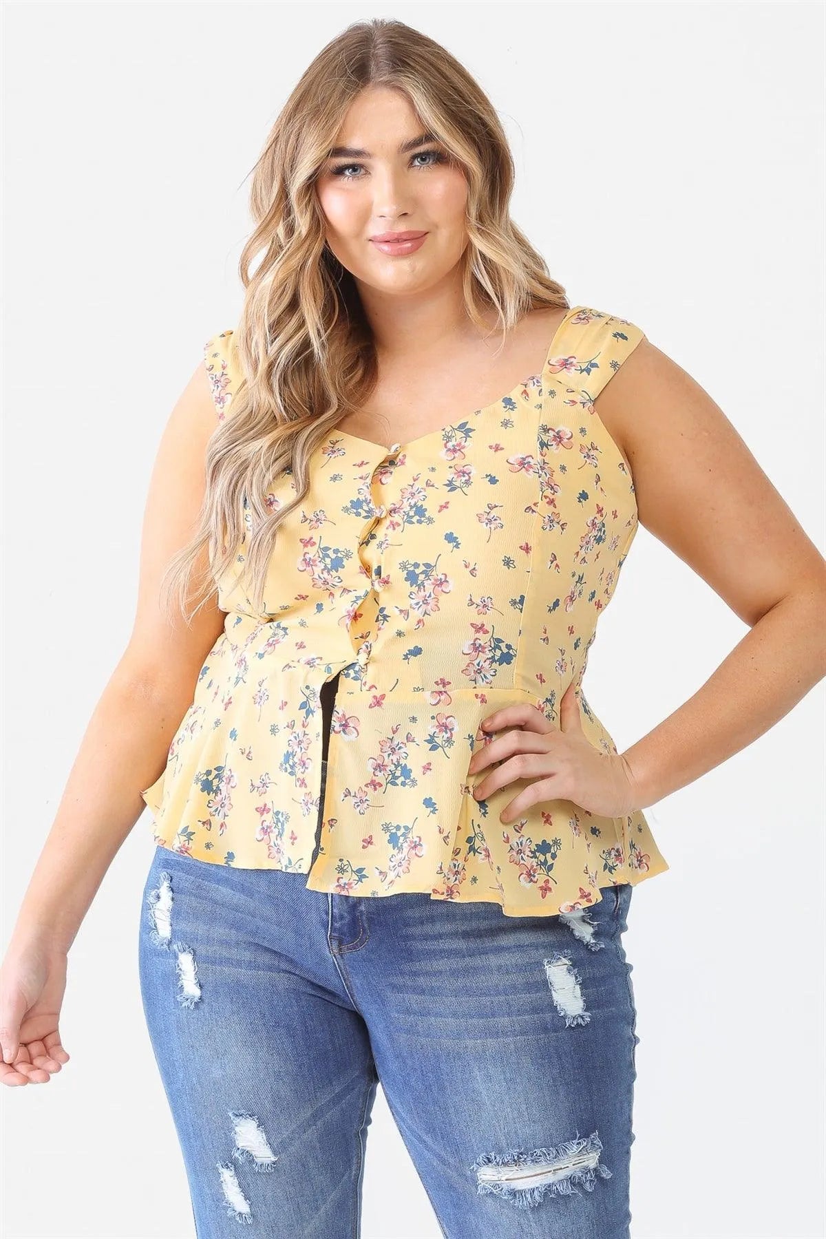 Plus Size Floral Button-Up Sleeveless Flare Hem Top - Tasha Apparel Wholesale